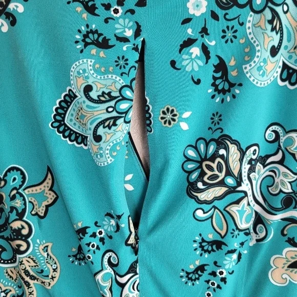 Liz Claiborne Turquoise Paisley V-Neck Dress with Layered Waist Women's Size 16 - Picture 4 of 6